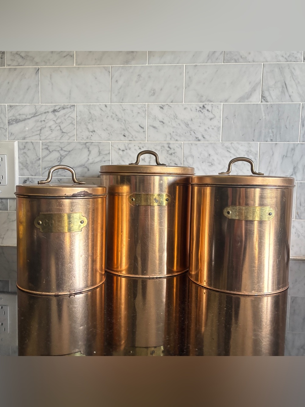 Vintage Set of Copper Tone Tin & Brass Kitchen Canisters - Flour, Sugar, Coffee